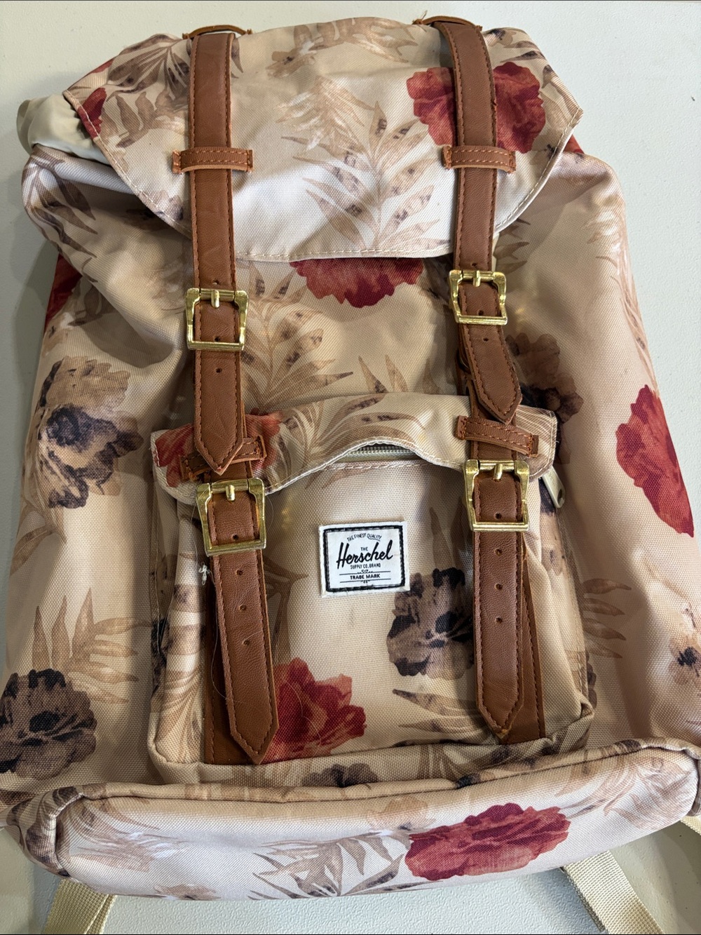 Herschel Supply Company Beige Floral Backpack with Brown Trim and Red Accents